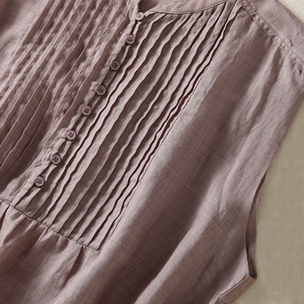 Buddha Stones Casual Sleeveless Pleated Design Women's Cotton Linen Half Sleeve Shirt - image 9