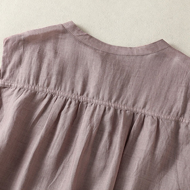 Buddha Stones Casual Sleeveless Pleated Design Women's Cotton Linen Half Sleeve Shirt - image 8