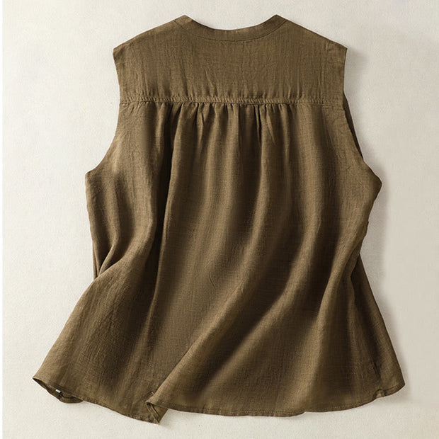 Buddha Stones Casual Sleeveless Pleated Design Women's Cotton Linen Half Sleeve Shirt - image 11