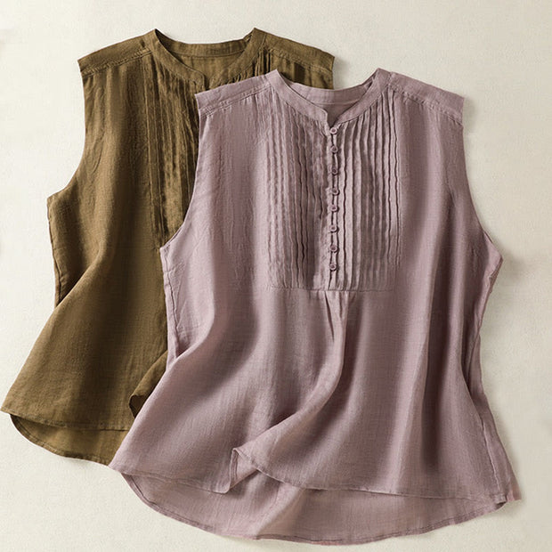 Buddha Stones Casual Sleeveless Pleated Design Women's Cotton Linen Half Sleeve Shirt - image 19