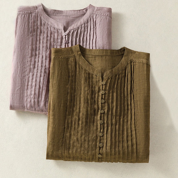Buddha Stones Casual Sleeveless Pleated Design Women's Cotton Linen Half Sleeve Shirt - image 20