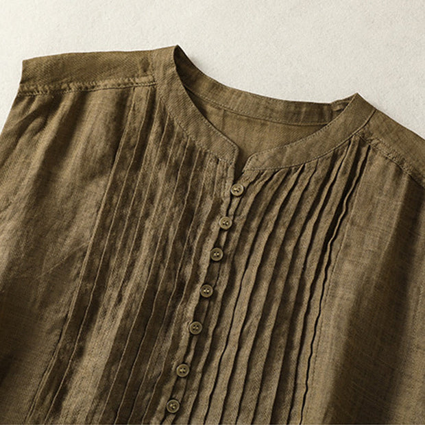 Buddha Stones Casual Sleeveless Pleated Design Women's Cotton Linen Half Sleeve Shirt - image 16