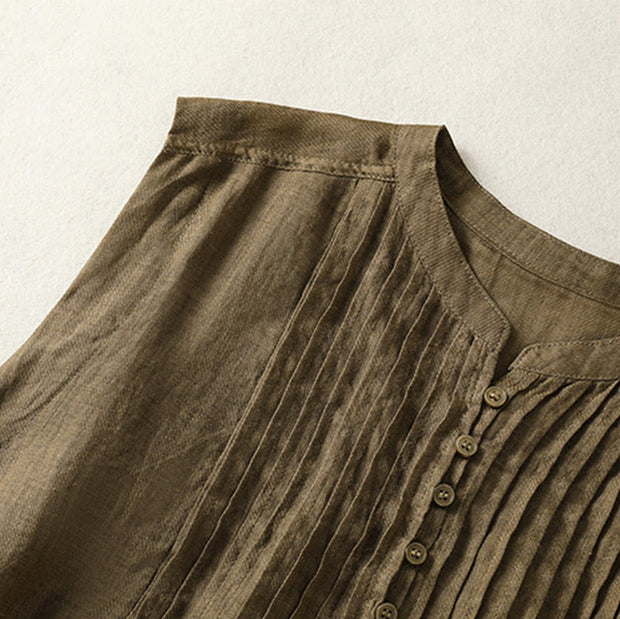 Buddha Stones Casual Sleeveless Pleated Design Women's Cotton Linen Half Sleeve Shirt - image 15