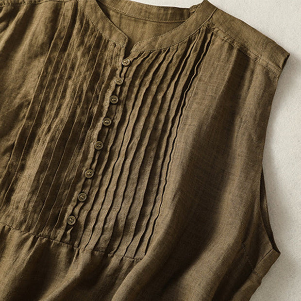 Buddha Stones Casual Sleeveless Pleated Design Women's Cotton Linen Half Sleeve Shirt - image 17
