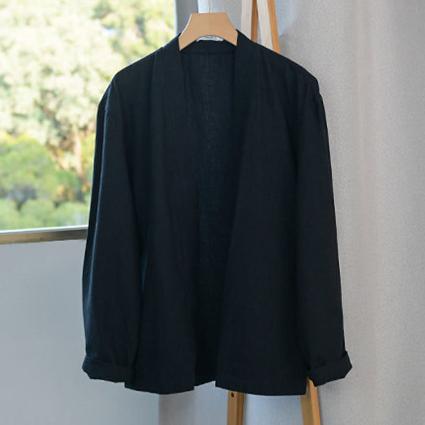 Buddha Stones Casual Pure Color Stand Collar Men's Long Sleeve Cotton Linen Shirt With Pockets - image 20