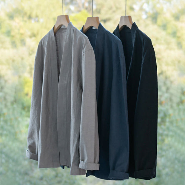 Buddha Stones Casual Pure Color Stand Collar Men's Long Sleeve Cotton Linen Shirt With Pockets - image 26