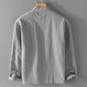 Buddha Stones Casual Pure Color Stand Collar Men's Long Sleeve Cotton Linen Shirt With Pockets - image 9