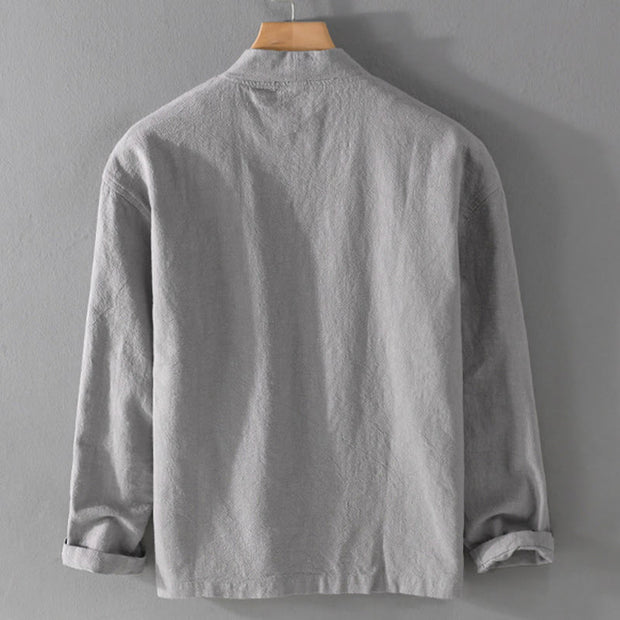 Buddha Stones Casual Pure Color Stand Collar Men's Long Sleeve Cotton Linen Shirt With Pockets - image 9