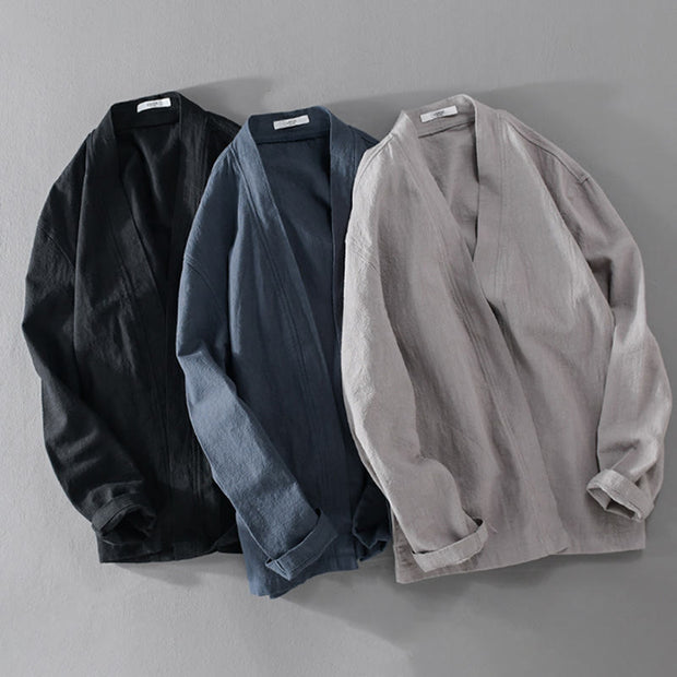 Buddha Stones Casual Pure Color Stand Collar Men's Long Sleeve Cotton Linen Shirt With Pockets - image 28