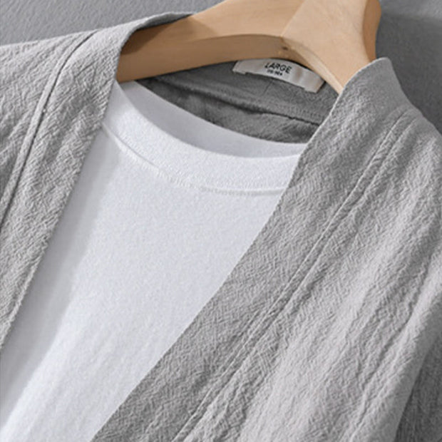 Buddha Stones Casual Pure Color Stand Collar Men's Long Sleeve Cotton Linen Shirt With Pockets - image 11