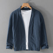Buddha Stones Casual Pure Color Stand Collar Men's Long Sleeve Cotton Linen Shirt With Pockets - DarkBlue - US/UK/AU42，EU52 (3XL) - image 1