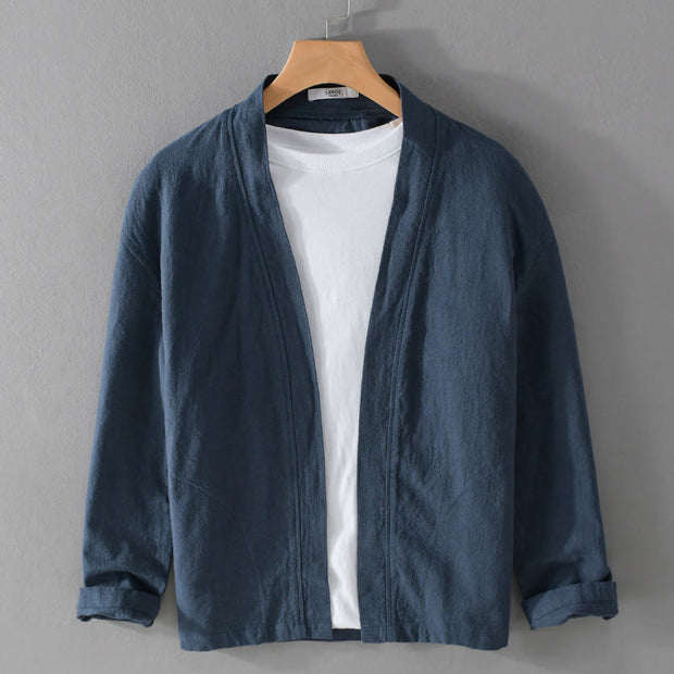 Buddha Stones Casual Pure Color Stand Collar Men's Long Sleeve Cotton Linen Shirt With Pockets - DarkBlue - US/UK/AU42，EU52 (3XL) - image 1