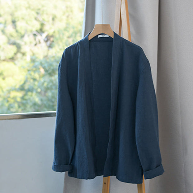 Buddha Stones Casual Pure Color Stand Collar Men's Long Sleeve Cotton Linen Shirt With Pockets - image 2