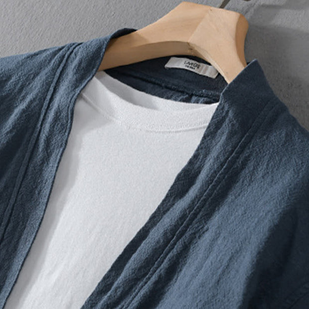 Buddha Stones Casual Pure Color Stand Collar Men's Long Sleeve Cotton Linen Shirt With Pockets - image 3