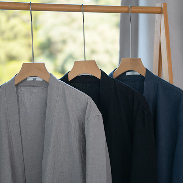 Buddha Stones Casual Pure Color Stand Collar Men's Long Sleeve Cotton Linen Shirt With Pockets - image 27
