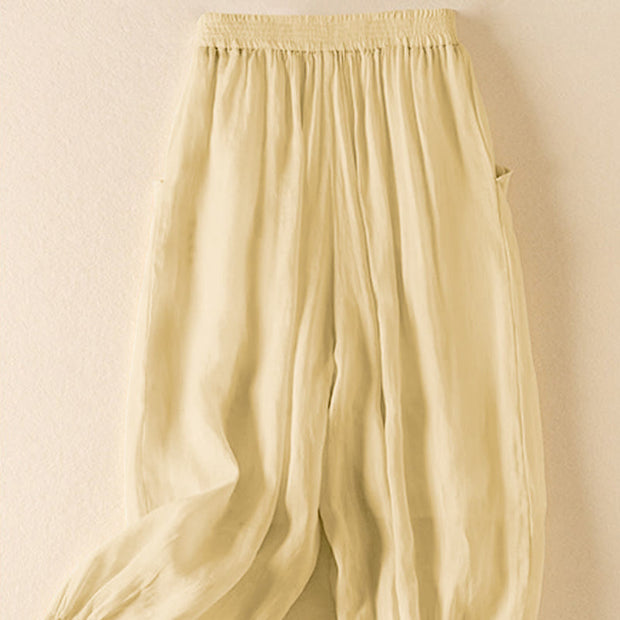 Buddha Stones Summer Plain Casual Cropped Pants Women's Double Layer Cotton Linen Harem Pants With Pockets