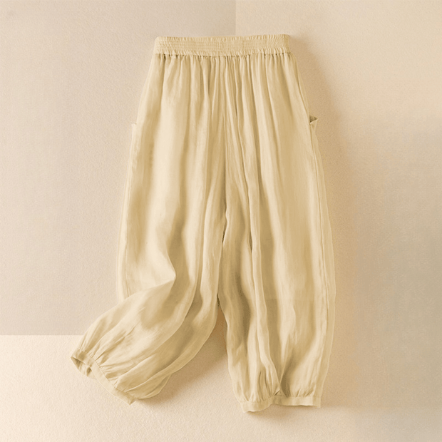Buddha Stones Summer Plain Casual Cropped Pants Women's Double Layer Cotton Linen Harem Pants With Pockets
