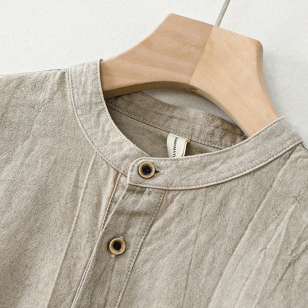 Buddha Stones Plain Pleats Half Buttons Design Stand Collar Men's Long Sleeve Cotton Linen Shirt - image 2