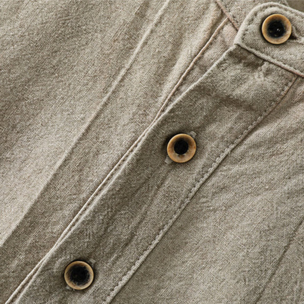 Buddha Stones Plain Pleats Half Buttons Design Stand Collar Men's Long Sleeve Cotton Linen Shirt - image 3