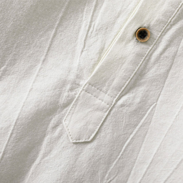 Buddha Stones Plain Pleats Half Buttons Design Stand Collar Men's Long Sleeve Cotton Linen Shirt - image 8