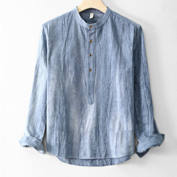 Buddha Stones Plain Pleats Half Buttons Design Stand Collar Men's Long Sleeve Cotton Linen Shirt - CornflowerBlue - US/UK/AU44，EU54 (4XL) - image 10