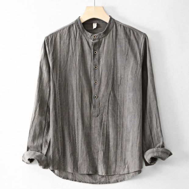 Buddha Stones Plain Pleats Half Buttons Design Stand Collar Men's Long Sleeve Cotton Linen Shirt - LightSlateGray - US/UK/AU44，EU54 (4XL) - image 13