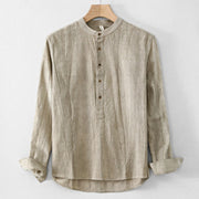 Buddha Stones Plain Pleats Half Buttons Design Stand Collar Men's Long Sleeve Cotton Linen Shirt - DarkKhaki - US/UK/AU44，EU54 (4XL) - image 1