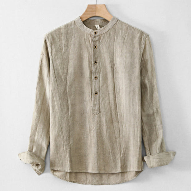 Buddha Stones Plain Pleats Half Buttons Design Stand Collar Men's Long Sleeve Cotton Linen Shirt - DarkKhaki - US/UK/AU44，EU54 (4XL) - image 1