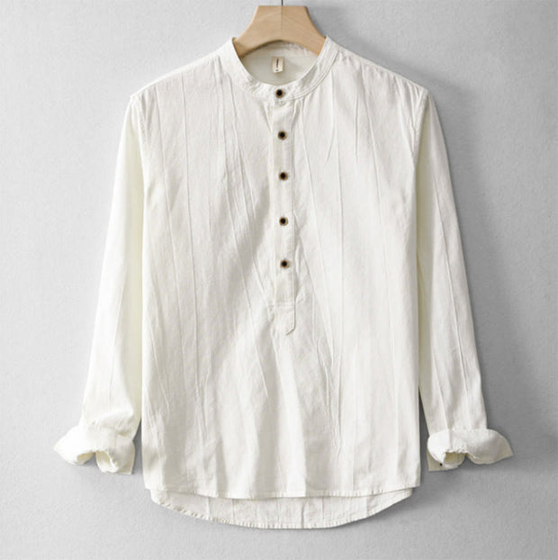 Buddha Stones Plain Pleats Half Buttons Design Stand Collar Men's Long Sleeve Cotton Linen Shirt - FloralWhite - US/UK/AU44，EU54 (4XL) - image 6