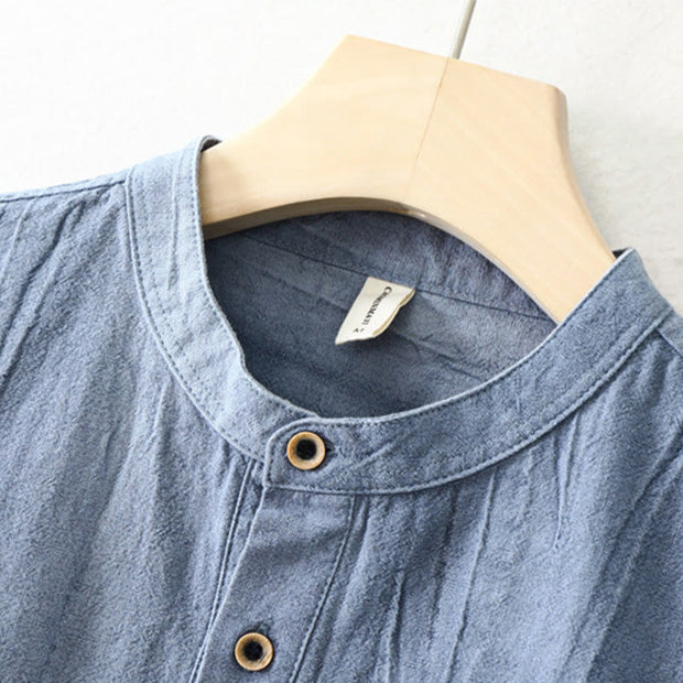 Buddha Stones Plain Pleats Half Buttons Design Stand Collar Men's Long Sleeve Cotton Linen Shirt - image 11