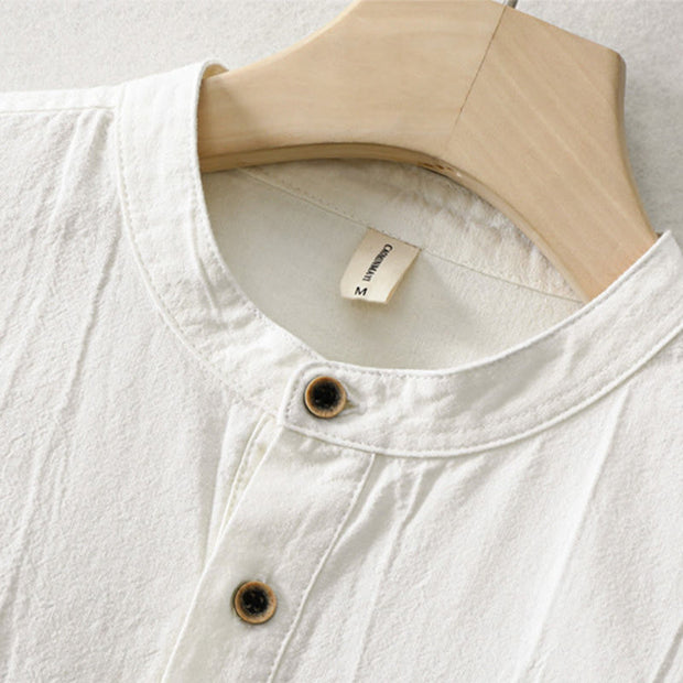 Buddha Stones Plain Pleats Half Buttons Design Stand Collar Men's Long Sleeve Cotton Linen Shirt - image 7