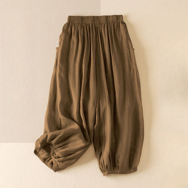Buddha Stones Summer Plain Casual Cropped Pants Women's Double Layer Cotton Linen Harem Pants With Pockets