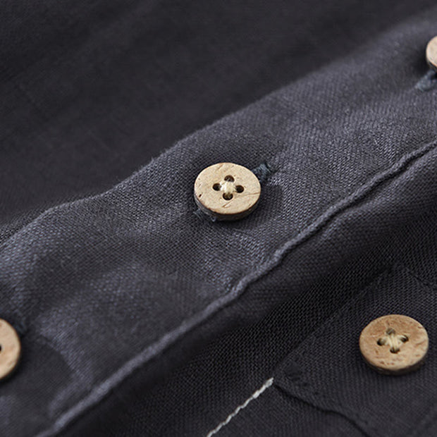 Buddha Stones Summer Half Buttons Design Lapel Men's Short Sleeve Linen Shirt With Pocket - image 8