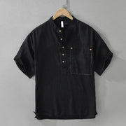 Buddha Stones Summer Half Buttons Design Lapel Men's Short Sleeve Linen Shirt With Pocket - Black - US/UK/AU42，EU52 (3XL) - image 1
