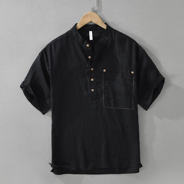 Buddha Stones Summer Half Buttons Design Lapel Men's Short Sleeve Linen Shirt With Pocket - Black - US/UK/AU42，EU52 (3XL) - image 1