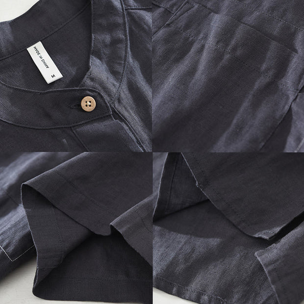 Buddha Stones Summer Half Buttons Design Lapel Men's Short Sleeve Linen Shirt With Pocket - image 14