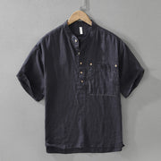 Buddha Stones Summer Half Buttons Design Lapel Men's Short Sleeve Linen Shirt With Pocket - MidnightBlue - US/UK/AU42，EU52 (3XL) - image 3