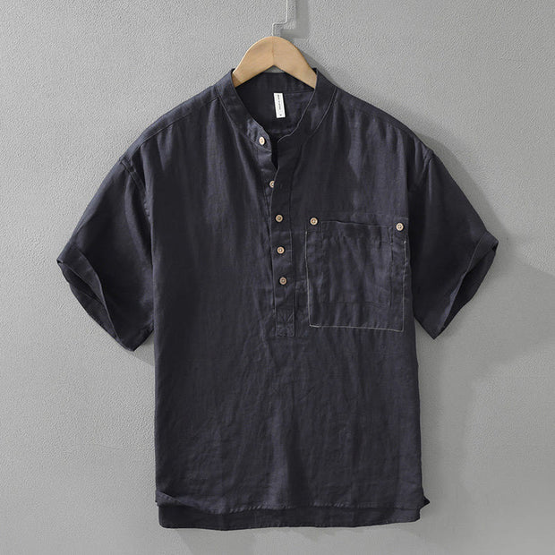 Buddha Stones Summer Half Buttons Design Lapel Men's Short Sleeve Linen Shirt With Pocket - MidnightBlue - US/UK/AU42，EU52 (3XL) - image 3