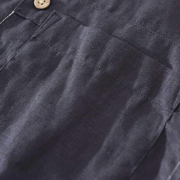 Buddha Stones Summer Half Buttons Design Lapel Men's Short Sleeve Linen Shirt With Pocket - image 9