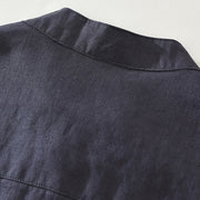 Buddha Stones Summer Half Buttons Design Lapel Men's Short Sleeve Linen Shirt With Pocket - image 7