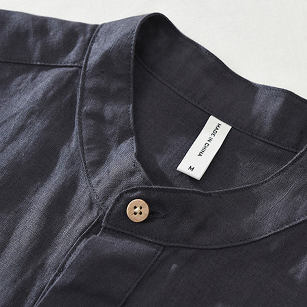 Buddha Stones Summer Half Buttons Design Lapel Men's Short Sleeve Linen Shirt With Pocket - image 5