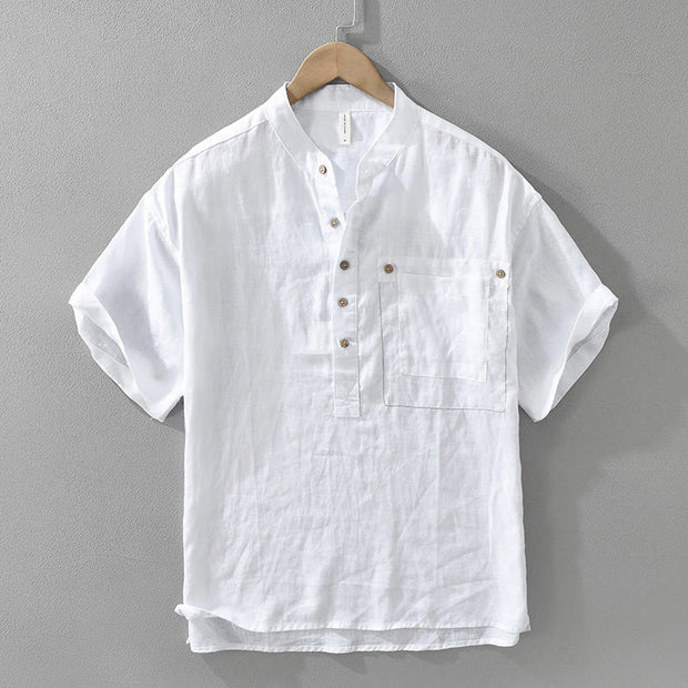 Buddha Stones Summer Half Buttons Design Lapel Men's Short Sleeve Linen Shirt With Pocket - White - US/UK/AU42，EU52 (3XL) - image 2
