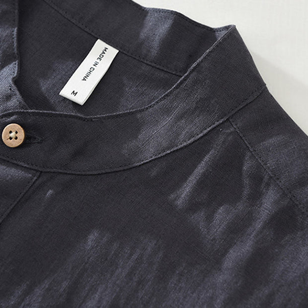 Buddha Stones Summer Half Buttons Design Lapel Men's Short Sleeve Linen Shirt With Pocket - image 6