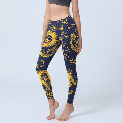 Buddha Stones Golden Dragons Vine Print Gym Leggings Women's Yoga Pants - DarkBlue - US18，UK/AU22，EU50 (4XL) - image 1