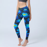 Buddha Stones Deep Blue Water Lily Lotus Print Gym Leggings Women's Yoga Pants - DarkBlue - US18，UK/AU22，EU50 (4XL) - image 1