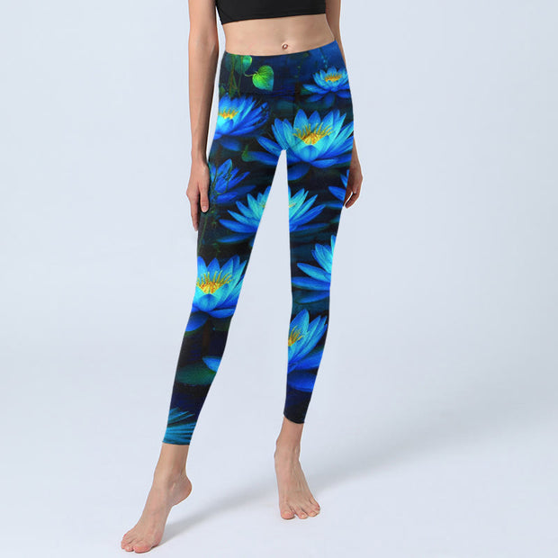 Buddha Stones Deep Blue Water Lily Lotus Print Gym Leggings Women's Yoga Pants - image 6