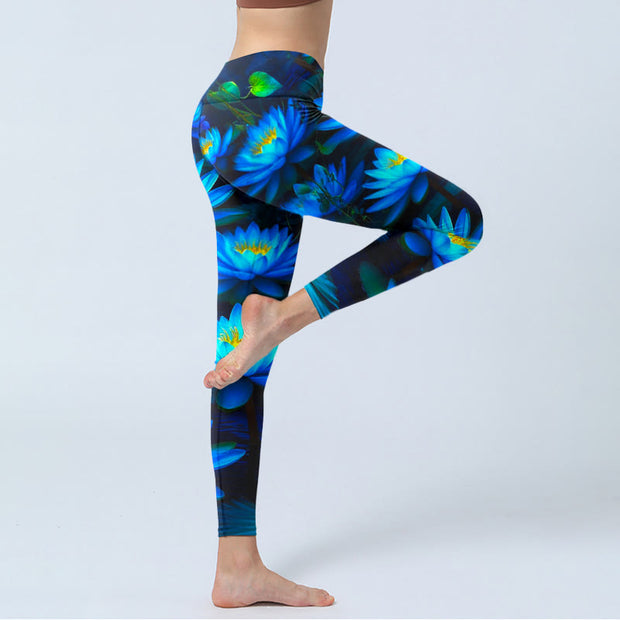 Buddha Stones Deep Blue Water Lily Lotus Print Gym Leggings Women's Yoga Pants - image 4