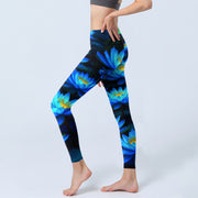 Buddha Stones Deep Blue Water Lily Lotus Print Gym Leggings Women's Yoga Pants - image 3