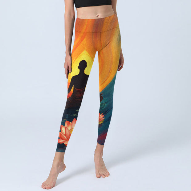 Buddha Stones Meditating Figure Lotus Flower Print Gym Leggings Women's Yoga Pants - image 6