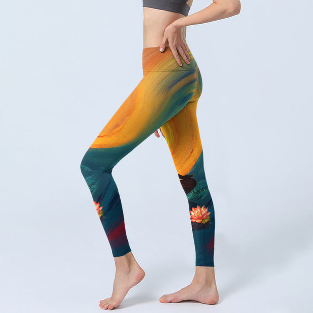 Buddha Stones Meditating Figure Lotus Flower Print Gym Leggings Women's Yoga Pants - image 3